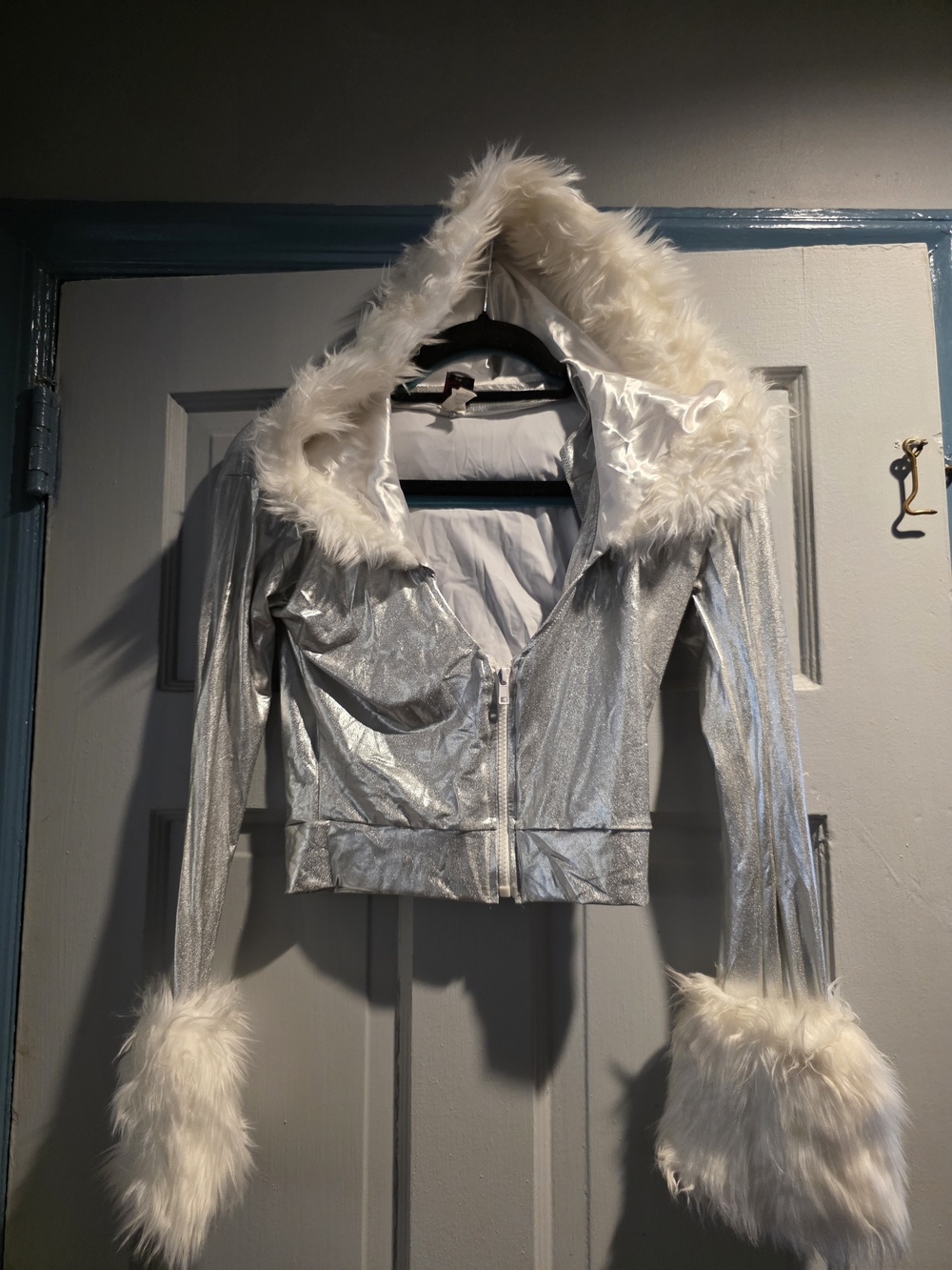 Silver Faux Fur-Trim Cropped Jacket